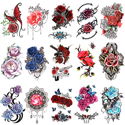 Конзаит 15 Листови Цвет Привремени Тетоважи За Жени, Половина Рака Тетоважи Ракави Налепници, Роза Цвет Черепот Пеперутка Лажни