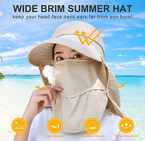 Womenените широки обликувани маски за лице Сонцето капаче одвоено вратот Флеп конска опашка УВ заштита визир капа градина риболов пешачење