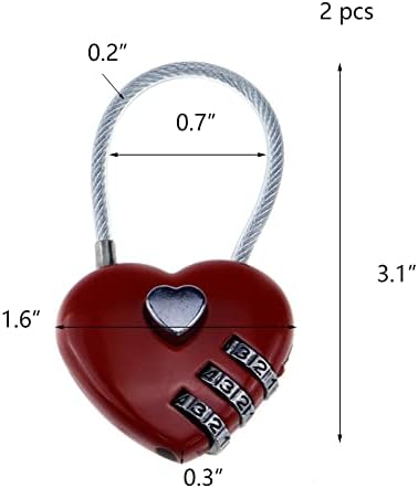 Wealrit 2 парчиња црвен облик на срцев удар, мала комбинација за заклучување, 3 цифрен водоотпорен катанец, заклучување на багажот