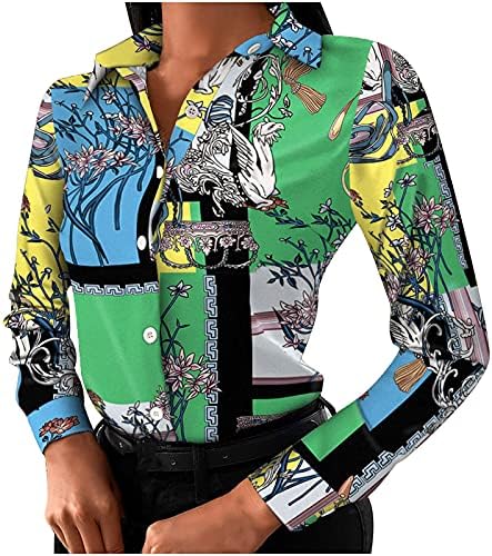 Женски шарени блузи од туника, со копчиња со долги ракави кошула, цветни печати облеки, лабава јака секси маици