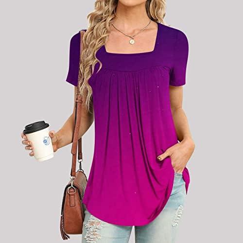 V квадратни вратот Спандекс блузи за девојки со краток ракав цвет графички лабав вклопени обични блузи маички жени 2023 t2