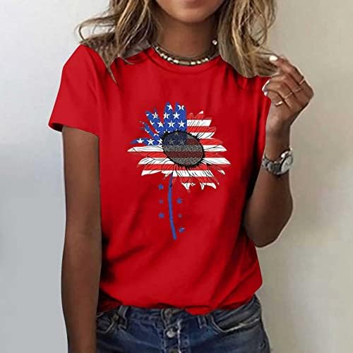 Женски маички за независност на жените Американски знаме сончоглед Пеперутки маички летни лабави врвови врвови кошули случајна строга облека