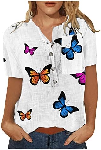 Блуза со кратки ракави за девојчиња, памучно копче за екипаж на екипажот надолу на пеперутка Апстрактна графичка обична блуза п.д.