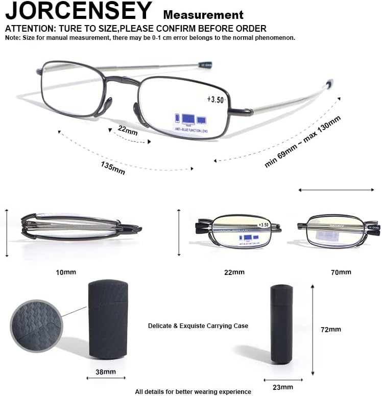 Jorcensey читање очила за блокирање на сина светлина, преклопување на преклопување на 2-пакети за преклопување на компјутерски метални рамка