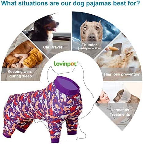 Ловинпет Девојче куче пижами 70 фунти - големи кучиња PJs, лесна истегната ткаенина, виолетова и портокалова камо диносаурусна печатење,