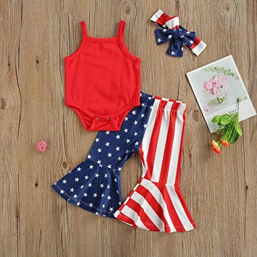 Бебе девојки 4 -ти јули Облека за облека без ракави, американско знаме, запалено bellвоно дно панталони, поставена лента за глава