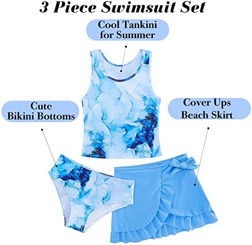 Девојки за капење 3 парчиња Такини костум за капење Поставете симпатична облека за пливање во бикини со здолниште на плажа на плажа 6-12
