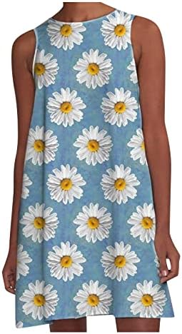 Lutionенски летни фустани без ракави, цветни печатени екипа на вратот Миди фустан, трендовски обичен лабава маица фустан од маица