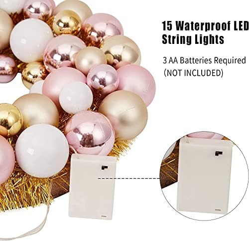 16-инчен Божиќен Топчест Венец, со 15 Водоотпорни LED Светла Божиќни Предни Врати Венец Батерија Управувана, Декори За Домашна Забава