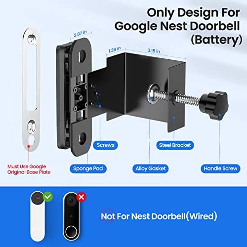 Видео врата на вратата на вратата без вежба, компатибилна со Google Nest Doorbell, прилагодлив монтирање на агол на вратата, монтирање на