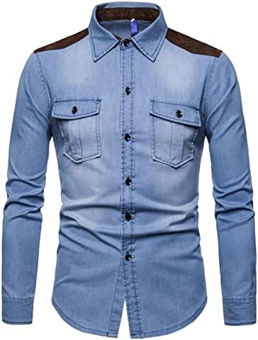 DGHM-jlmy мажи во боја што одговара на тексас мода со долги ракави кошула каубојска кошула тенок вклопувачки обични џебови копче хипи кошули
