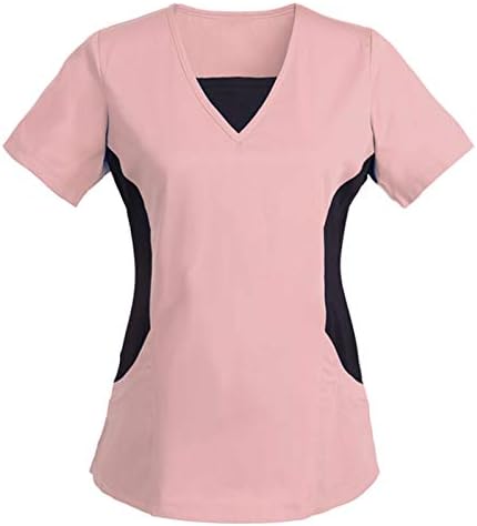 Scrub_tops за жени модна боја блок -печатена маица V вратот Краток ракав за блуза со џебови со џебови