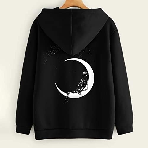 Со качулка за Ноќта на вештерките за жени со долг ракав Скелет Месечина Сонце, графички аспиратор, облеки за џемпери дами 2023 gt