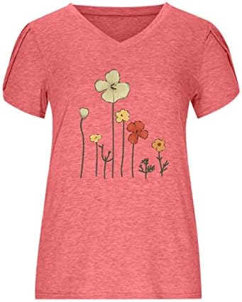Womenените диви цвеќиња цветни графички врвни врвни лажички вратот Спандкс блузи блузи кратки ракави салон лето есен Топ 2023 година
