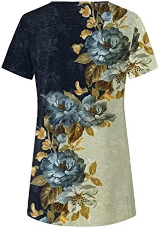 Женска летна маица цветни печатени кратки ракави екипаж, мода неправилна страна разделување дневно тунична блуза тита
