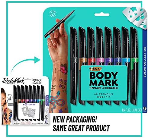 BIC Bodymark Привремени маркери за тетоважа за кожа, колекција на бои и маркери за уметност на телото, пастелни поп, флексибилен врв на четка, пакет со 5 броја од разновидн