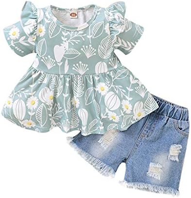 Девојки тексас шорцеви врвови+рендан печатење бебе дете од сончоглед Облека од лимон девојки девојче Руфла