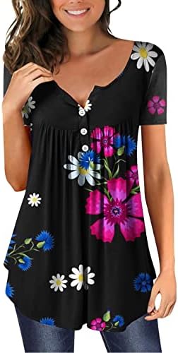 Womanенски кошули летни жени со кратки ракави со кратки ракави, вратот цвет печатена плетена маица врвна случајна големина мали жени