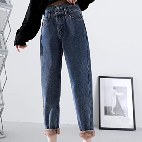 Високо задебелени женски топло панталони со половината на половината, плус панталони со големина, жени трендовски фармерки на фармерки