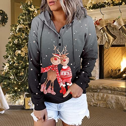 Џемпери на Нокмопо женски женски обични модни модни Божиќни печати со долг ракав, пулвер со качулка, врвни џемпери