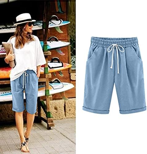 Womenените летни памучни постелнини панталони плус големина со високи половини шорцеви кои лежат тренингот на плажа џеб салон од пет точки