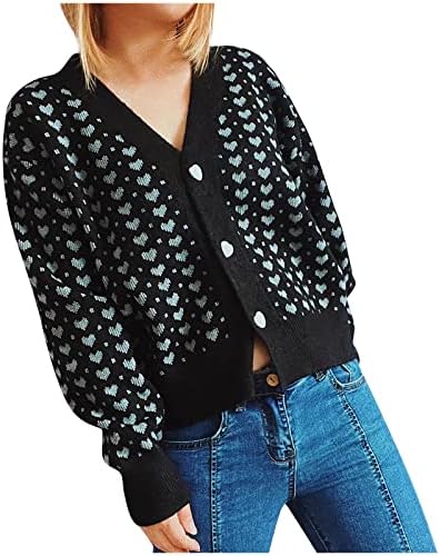 Womenените плетете кардиган палто моден срцев печати долг ракав џемпер кошули копче надолу кабелски плетени култури блузи врвови