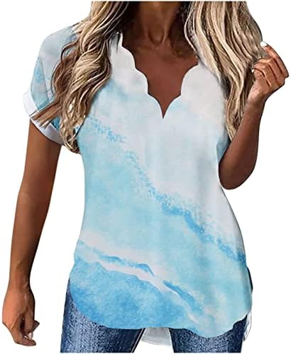 Маици за маици на Nokmopo за жени трендовски модни лето лето 2022 година со кратки ракави за печатење врвови блузи
