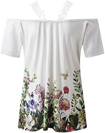 Бранч блуза, тинејџерски девојки кратки ракави ладно рамо чипка памук длабоко v вратот пеперутка цветна крпеница маица