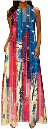 HCJKDU жени Денот на независноста фустан Американско знаме за печатење без ракави без ракави со џеб страствен патриотски макси фустан