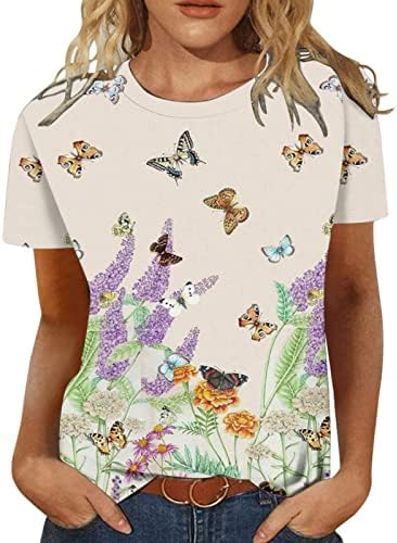Блузи со кратки ракави за жени лето есенски екипаж графички графички опуштено вклопување во маици маици дами 34