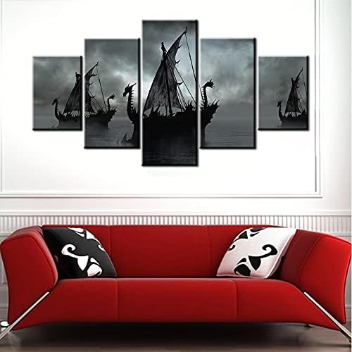 Норвешки декор црно -бело сликарство Викинзите бродски уметнички дела фантазија едрење брод слики за дневна соба дома 5 панел змеј платно платно