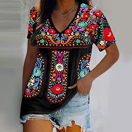 Мексиканска кошула за жени гроздобер етнички стил цветни везени врвови селански блуза лабава вклопена долга ракав против вратот Бохо кошула
