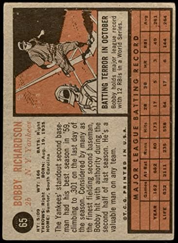1962 Топпс 65 Боби Ричардсон Newујорк Јанкис Дин картички 2 - Добри Јанкии