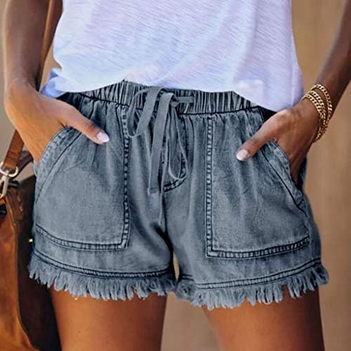 Gdjgta женски џеб фармерки тексас панталони женски завој со тасели во долниот необичен шорцеви за истегнување