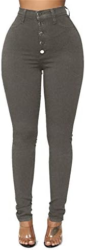 Andongnywell жени слаби истегнатни панталони со високи половини, тенок вклопувачки панталони со фармерки со џебови со патенти