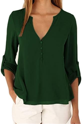 Andongnywell женски обични V вратот долги ракави цврсти шифон блуза со врвен ракав за влечење лабава шифонска кошула