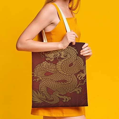 Wengbeauty Canvas Tote торба кинески калем змеј злато на црвена јапонска ориентална ориентал Тајланд рамо торба за еднократно намирници
