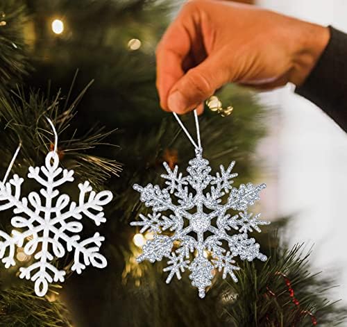 Орнаменти од снегулка од 36 парчиња, 2 стилови на Божиќ што висат сјајни украси за снегулка, украси од сребро и бело снегулка