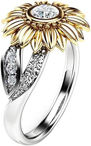 Womenените ветуваат прстен Исклучителна два тона сребрена цветна свадба прстен женски тркалезен дијамантски сончоглед, ангажман