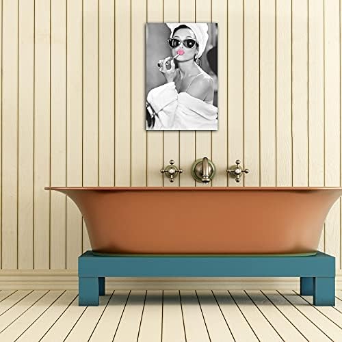 Hepburn Canvas wallидна уметност, девојче бања wallидна уметност, црно -бела бања wallидна уметност, модна девојка жена спална соба бања