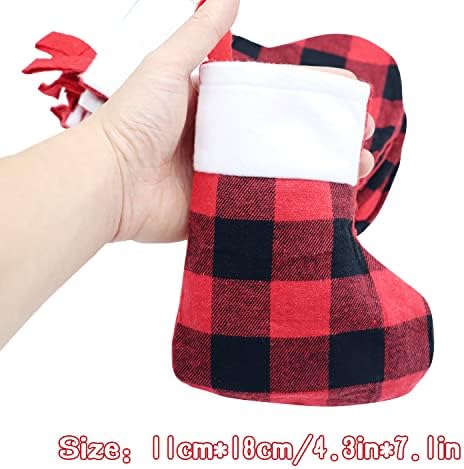 Veylin 24 парчиња мини Божиќни порибување, црвени црни црни биволи карирани мали чорапи со кадифен манжетна за Божиќни забави