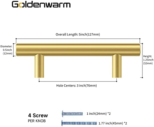 Goldenwarm 18 пакувања со четкички од месинг кабинет со фиоки влече златен хардвер за гардероби 3in влечење рачки - LS201GD76 Брусно
