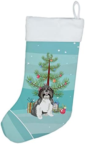 Богатства на Каролина WDK3178CS SHIH-TZU SILVER и WHITE 2 Божиќно Божиќно порибување, камин виси чорапи Божиќна сезона забава Декорации