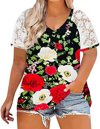 Плус големина на врвови за жени против вратот Преголема кошула на плажа Боемска цветна печатена маичка Видете преку летни врвови на ракави од
