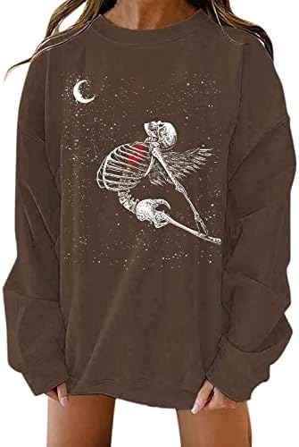 Beuu жени Ноќта на вештерките печати џемпери за џемпери на екипажот на екипаж, лабава џемпери, случајни удобни долги ракави пулвер