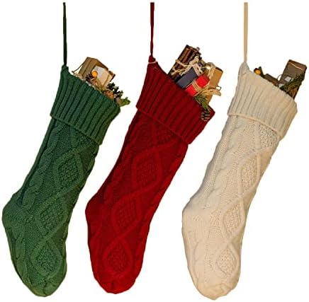 Шеридц Капчиња Кабел Плетете Божиќни Чорапи 18 Висечки Чорапи За Божиќни Украси, Комплет од 3