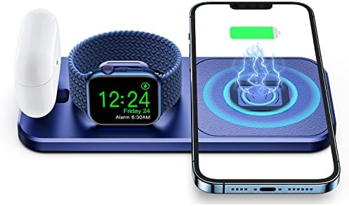 XICPU Пренослив и Преклоплив 3 во 1 Безжична Станица За Полнење, Брз Безжичен Полнач За Apple Watch Iphone Airpods Blue