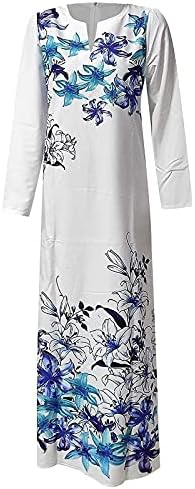 Nokmopo Blazer фустан за женски женски обичен V-врат Боемски печатен џеб фустан со долг ракав долг фустан долг фустан