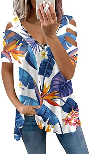 Женски цветни печатени кошули со кратки ракави со кратки ракави по zip v вратот работа блузи ладно рамо на горната блуза за туника