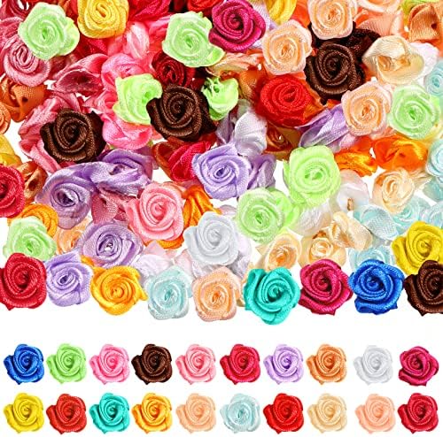 300 Парчиња Мини Сатенска Лента Рози, Мали Цвеќиња Од Ткаенина ЗА Занаети САМ Сатенски Цвет Симпатични Мали Занаетчиски Рози Мини Цветни Украси
